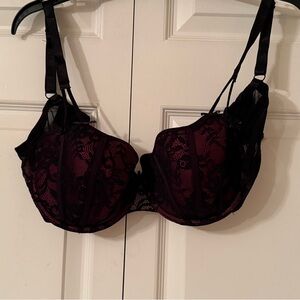 Black Lace Overlay Magenta Balconette Push Up Bra